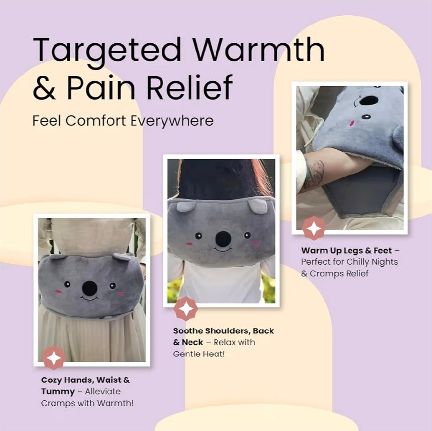 1L Wearable Hot Water Bottle Belt, Plush Koala Cover, Cold/Hot Wrap, Purple