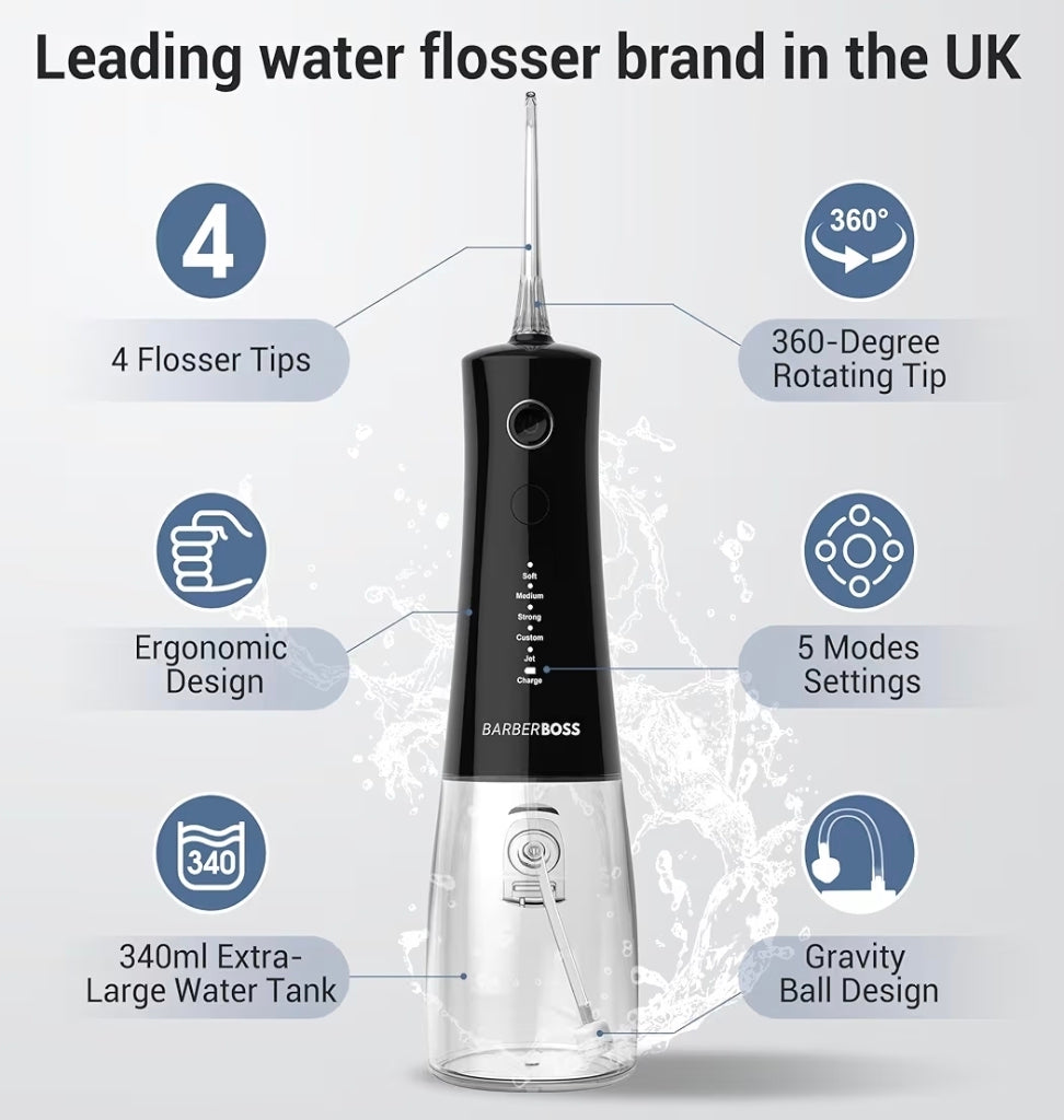 BarberBoss Cordless Water Flosser, Oral Irrigator with 4 Jet Tips and 5 Pressure Modes