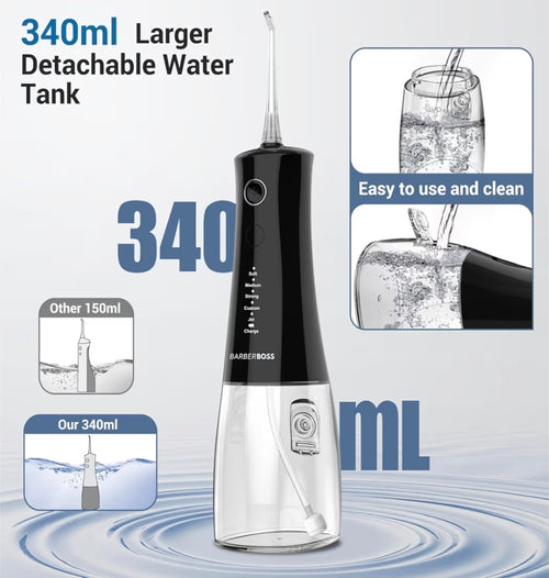 BarberBoss Cordless Water Flosser, Oral Irrigator with 4 Jet Tips and 5 Pressure Modes
