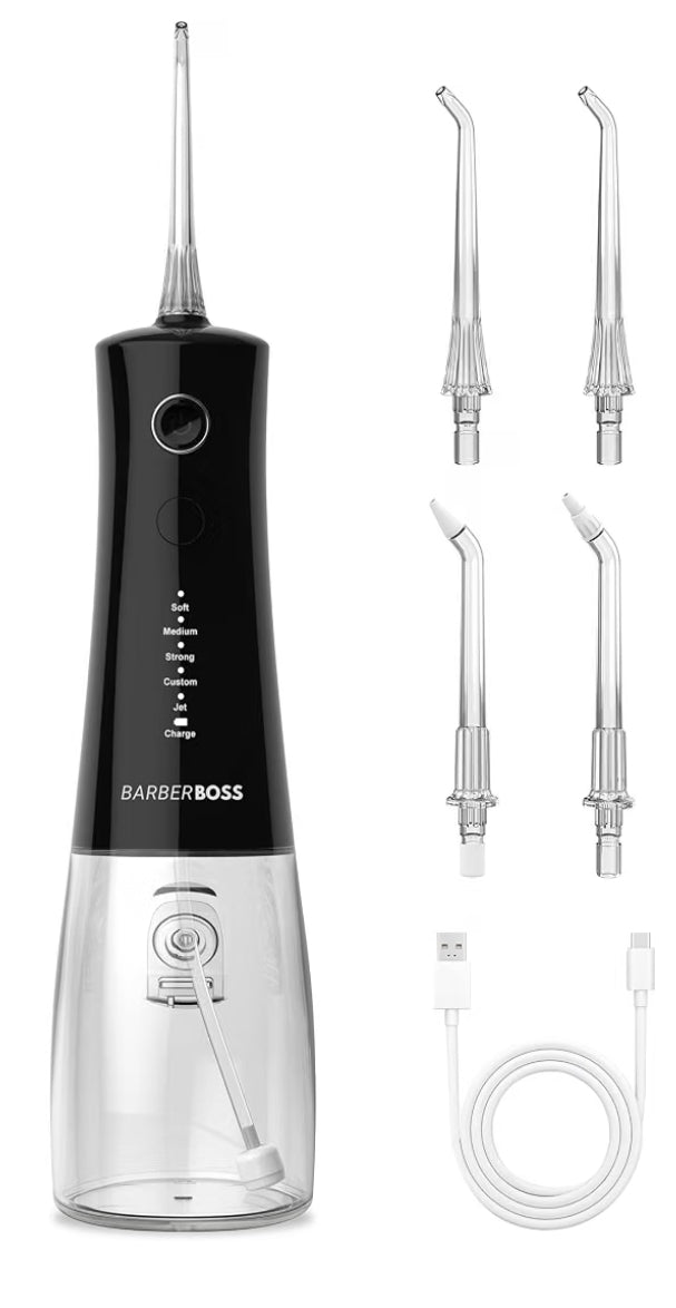 BarberBoss Cordless Water Flosser, Oral Irrigator with 4 Jet Tips and 5 Pressure Modes