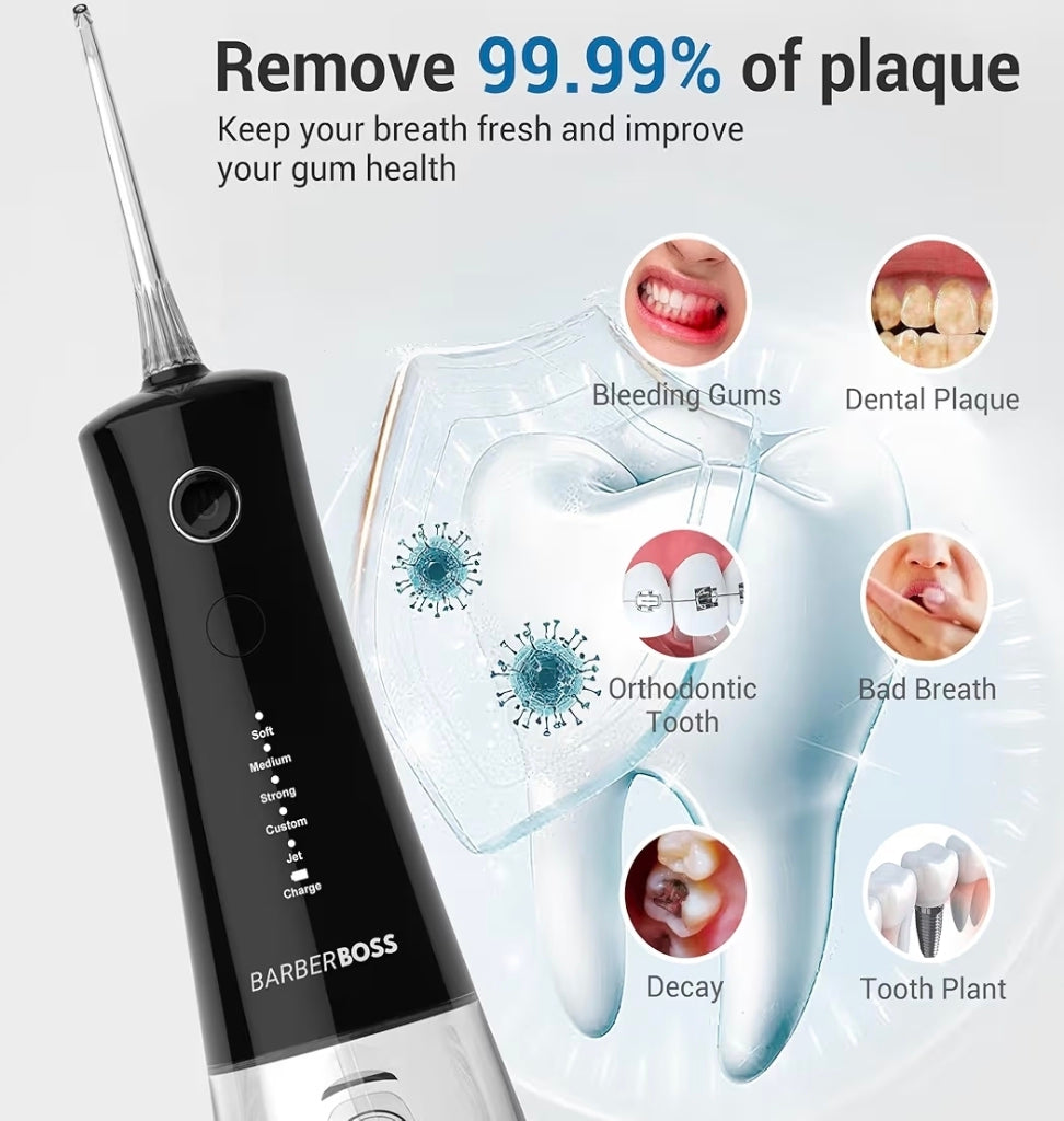 BarberBoss Cordless Water Flosser, Oral Irrigator with 4 Jet Tips and 5 Pressure Modes
