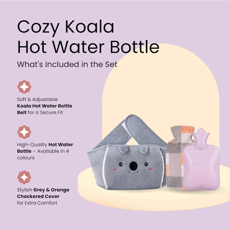 1L Wearable Hot Water Bottle Belt, Plush Koala Cover, Cold/Hot Wrap, Purple