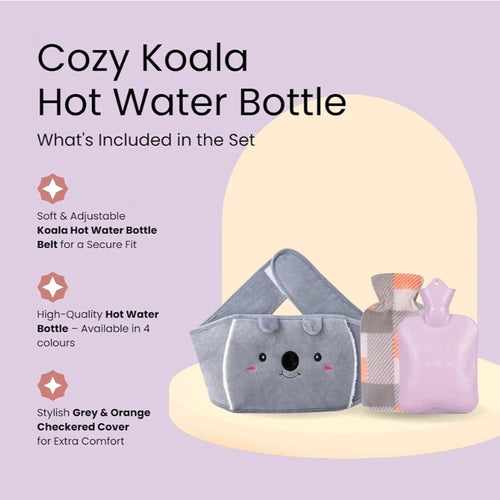 1L Wearable Hot Water Bottle Belt, Plush Koala Cover, Cold/Hot Wrap, Purple
