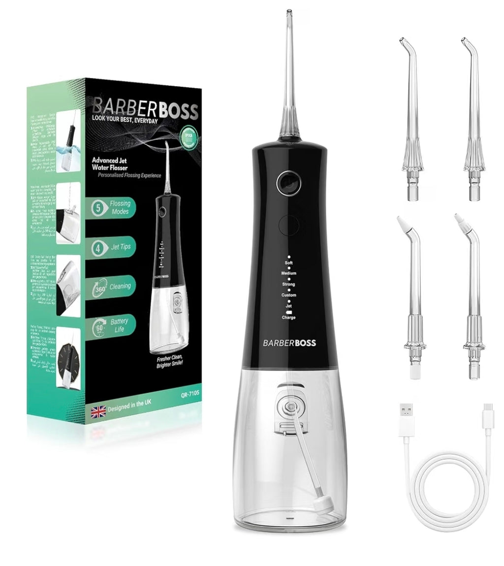 BarberBoss Cordless Water Flosser, Oral Irrigator with 4 Jet Tips and 5 Pressure Modes