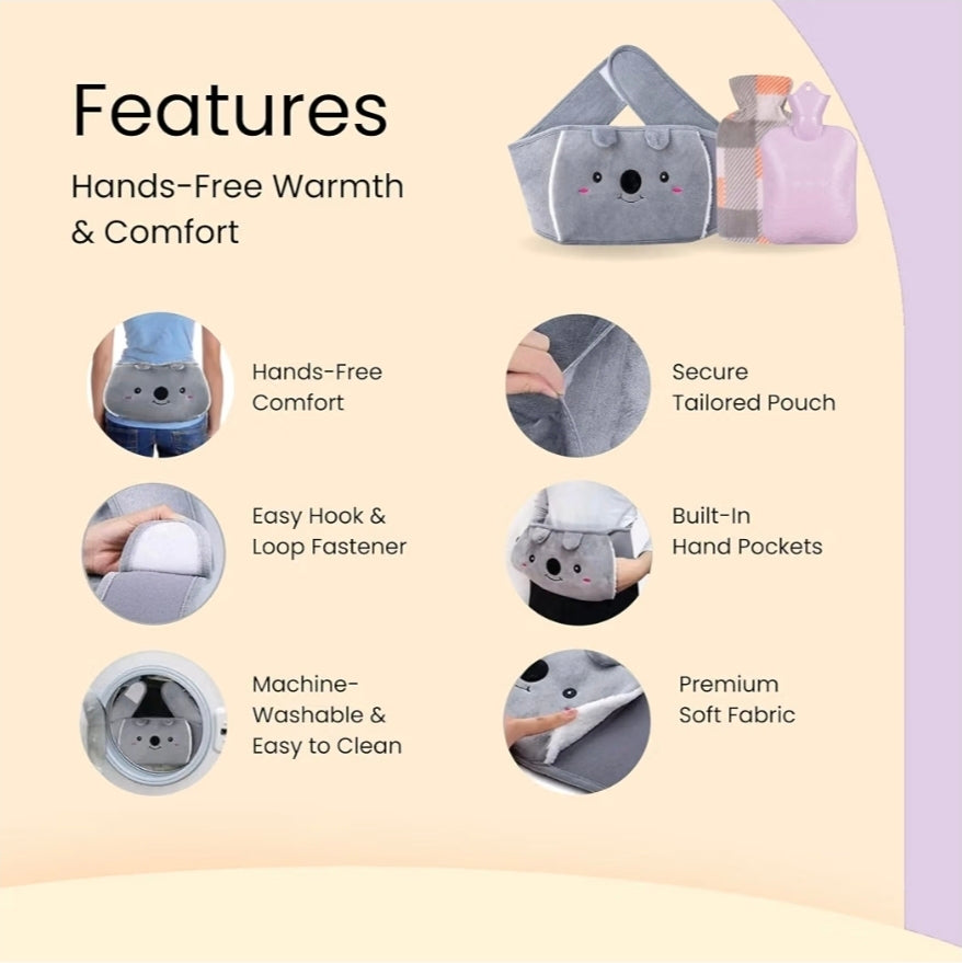 1L Wearable Hot Water Bottle Belt, Plush Koala Cover, Cold/Hot Wrap, Purple