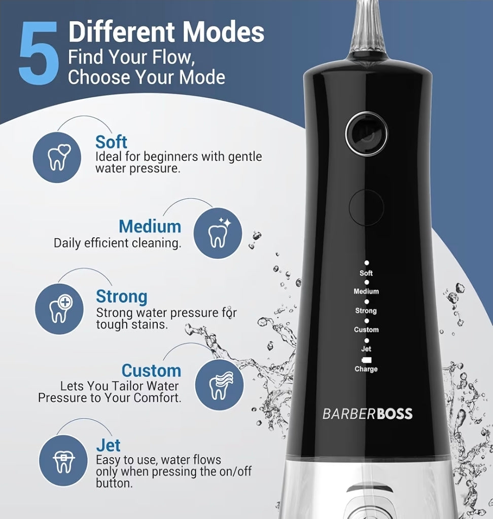BarberBoss Cordless Water Flosser, Oral Irrigator with 4 Jet Tips and 5 Pressure Modes